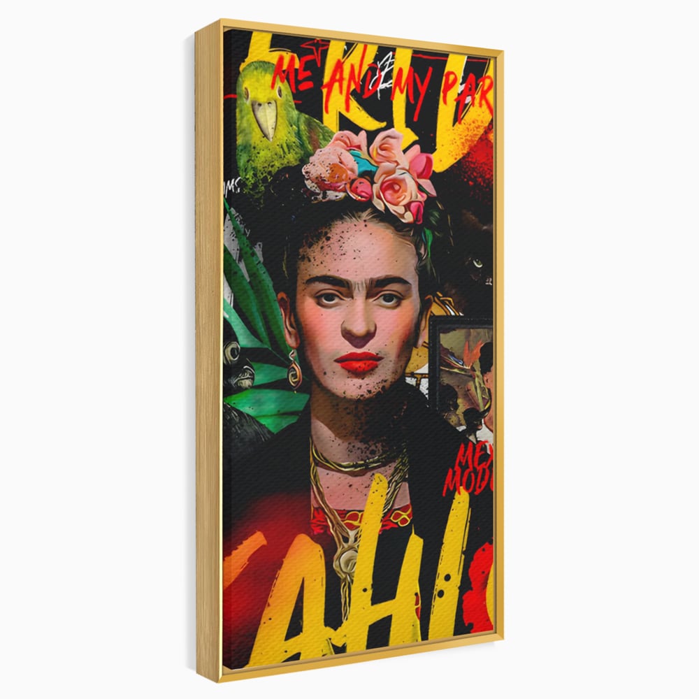 Tablou canvas cu tablou canvas portret frida kahlo, in rama de aluminiu auriu